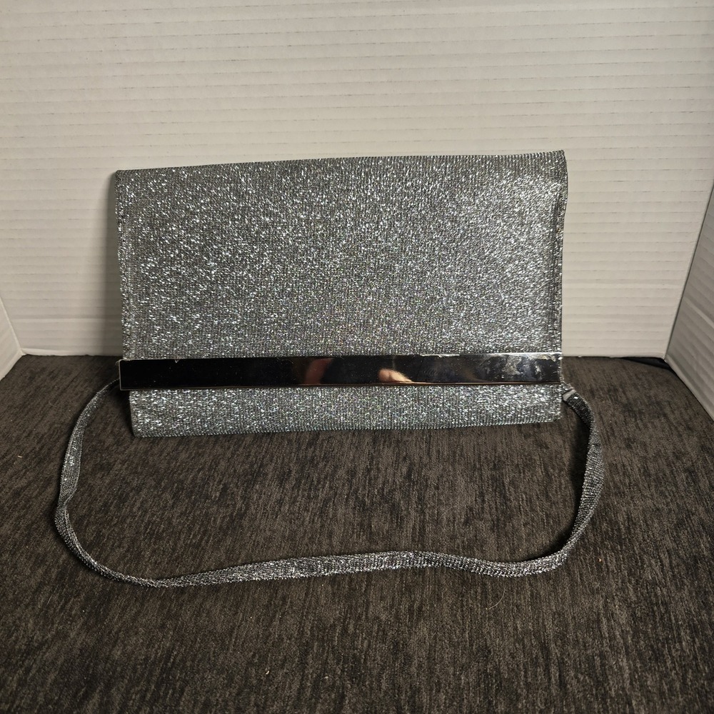 Silver Glitter Evening Clutch Bag Metallic Bar Crossbody Formal‎ Prom